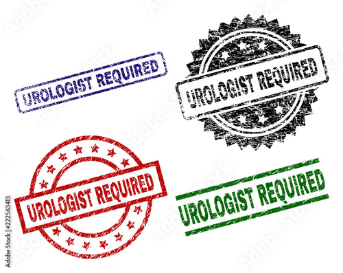 UROLOGIST REQUIRED seal prints with corroded surface. Black, green,red,blue vector rubber prints of UROLOGIST REQUIRED tag with unclean surface. Rubber seals with round, rectangle, medallion shapes.