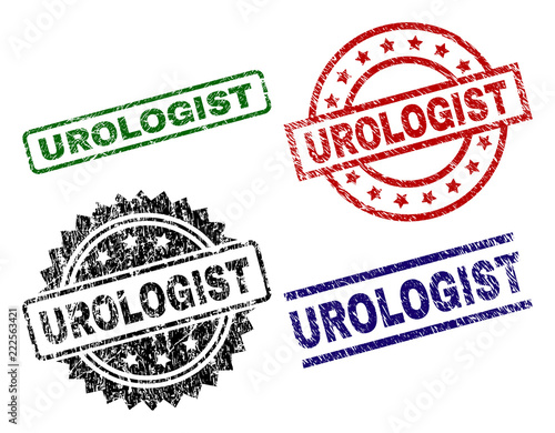 UROLOGIST seal prints with distress style. Black, green,red,blue vector rubber prints of UROLOGIST title with dust style. Rubber seals with round, rectangle, medal shapes.