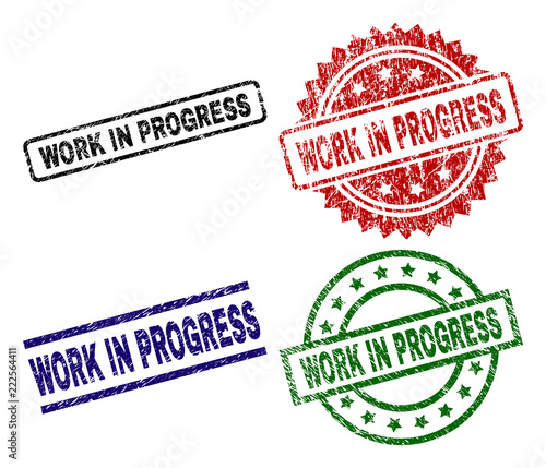 WORK IN PROGRESS seal prints with damaged style. Black, green,red,blue vector rubber prints of WORK IN PROGRESS tag with scratched style. Rubber seals with circle, rectangle, medal shapes.