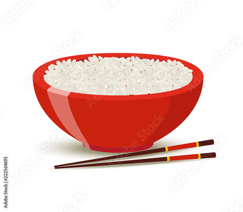 Vector boiled rice in red bowl. Cartoon style