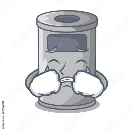 Crying cartoon steel trash can in the room
