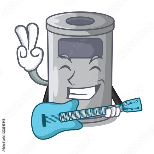 With guitar cartoon steel trash can in the room