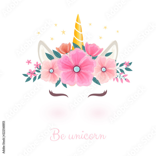 Cute unicorn head with flower crown. 