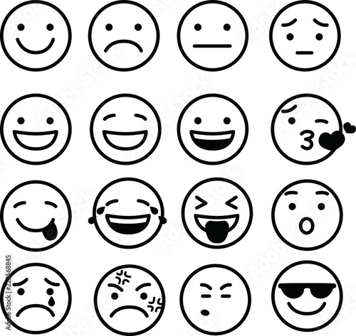 Line drawing of emoticon icon set
