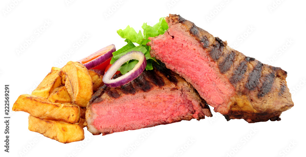 Rare cooked sirloin steak and chips meal with salad, isolated on a white background