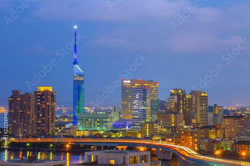 Hakata cityscape at night in Fukuoka, Japan