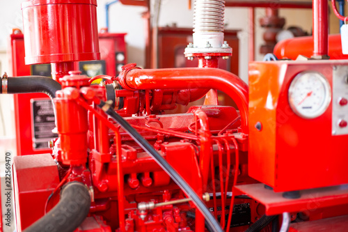 Diesel engine fire pump, Electric motor fire pump with control system red piping and valve.