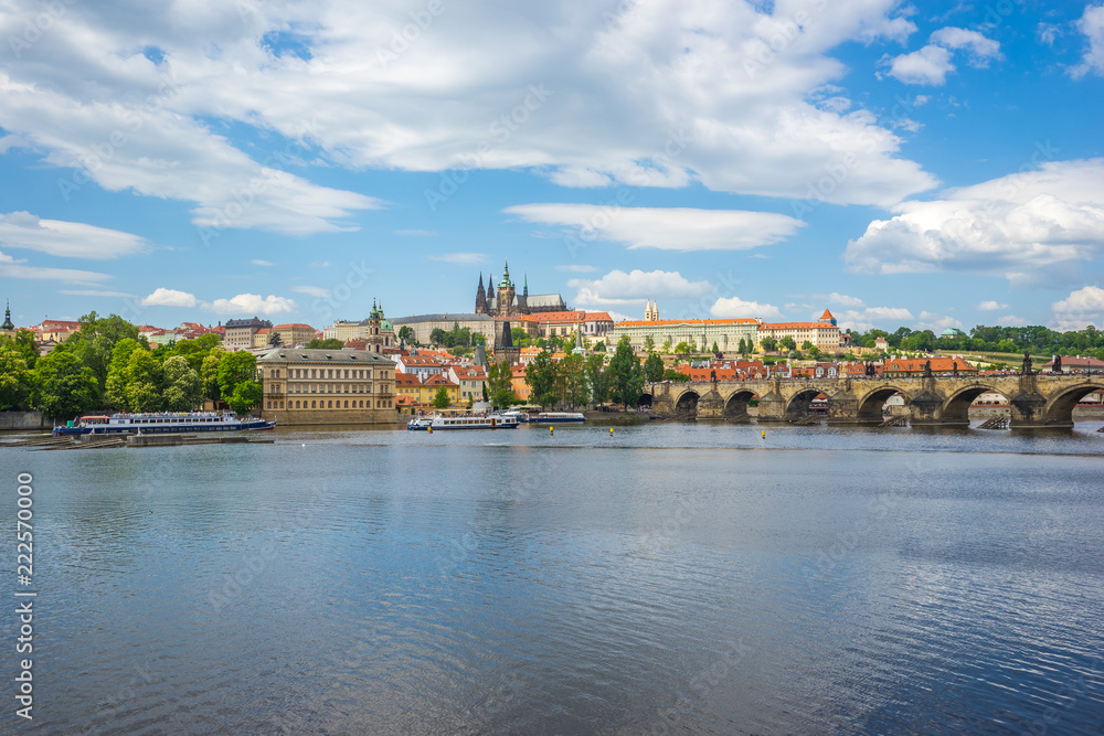 Vltava river with view of Prague skyline Czech Republic