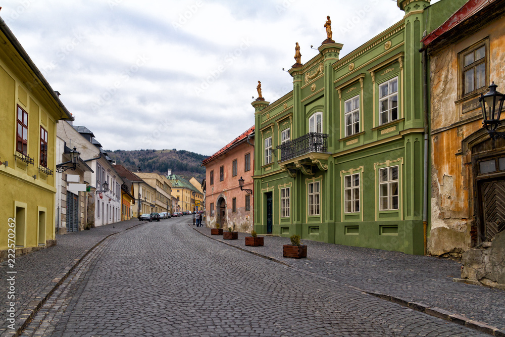 Cobblestone street and colorful buildings