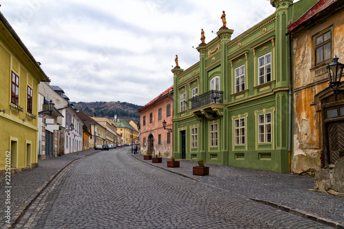 Cobblestone street and colorful buildings