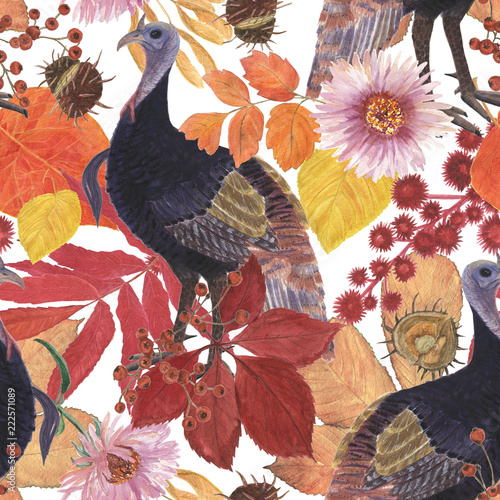 Watercolor painting seamless pattern with wild turkey and autumn leaves, flowers, berries photo