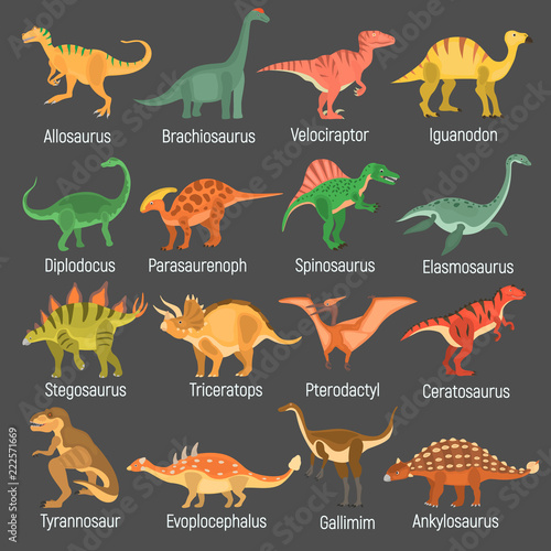 Ancient dinosaurus color vector icons set. Flat design