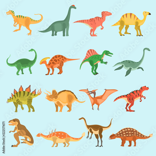 Ancient dinosaurus color vector icons set. Flat design