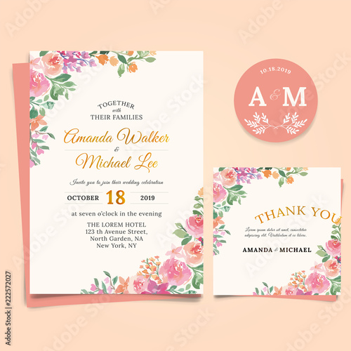 Floral Wedding Invitation elegant  thank you card Design  watercolor style