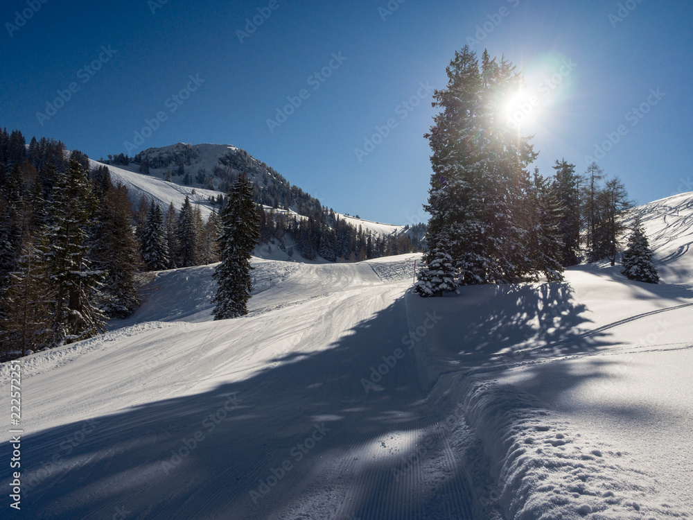 Skipiste im morgentlichen Gegenlicht, Lofer, Österreich Skipiste im morgentlichen Gegenlicht, Lofer, Österreich