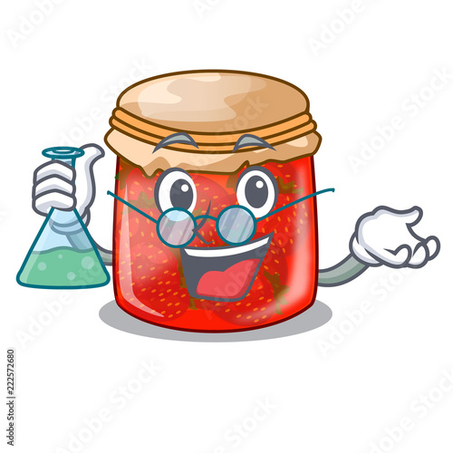 Professor strawberry marmalade in glass jar of cartoon