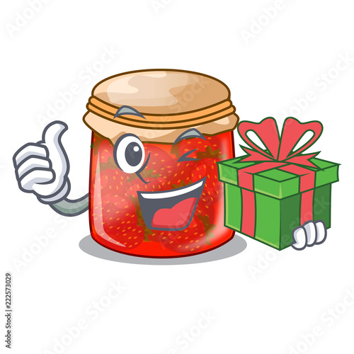 With gift fresh tasty strawberry jam on mascot