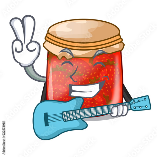 With guitar fresh tasty strawberry jam on mascot