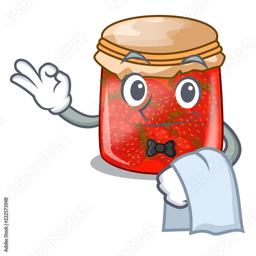 Waiter fresh tasty strawberry jam on mascot