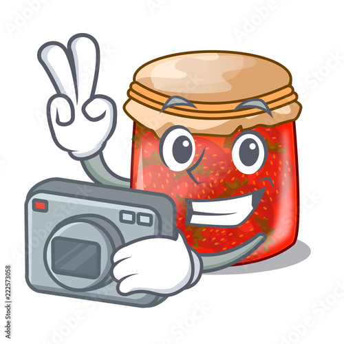 Photographer fresh tasty strawberry jam on mascot