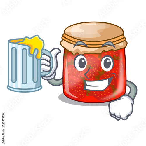With juice fresh tasty strawberry jam on mascot