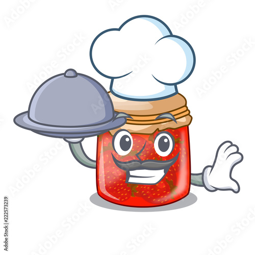Chef with food fresh tasty strawberry jam on mascot