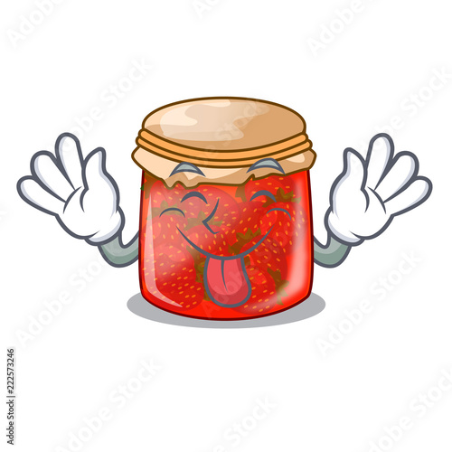 Tongue out strawberry jam glass isolated on cartoon