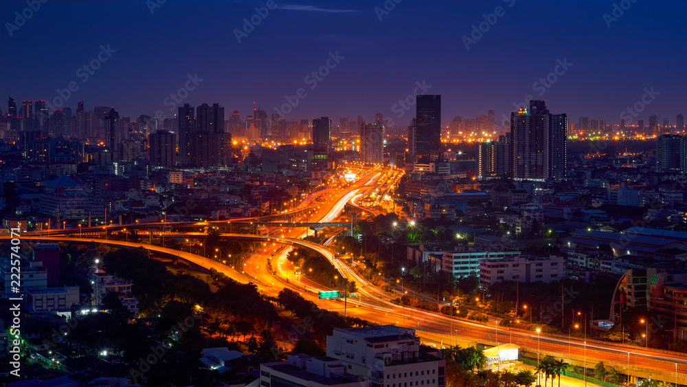 panorama view of light tail on cityscape background