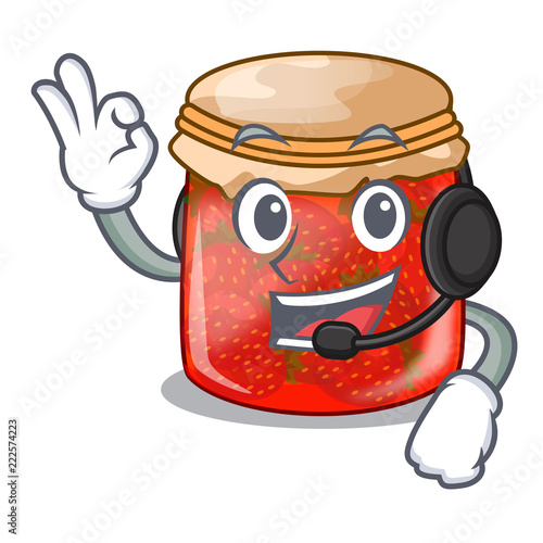 With headphone strawberry jam glass isolated on cartoon