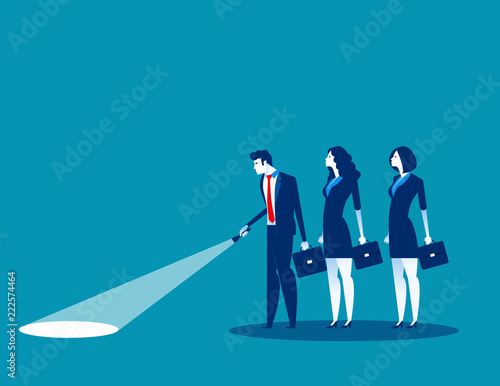 Leader with flashlight leading his colleagues to success. Concept business vector illustration, Teamwork.
