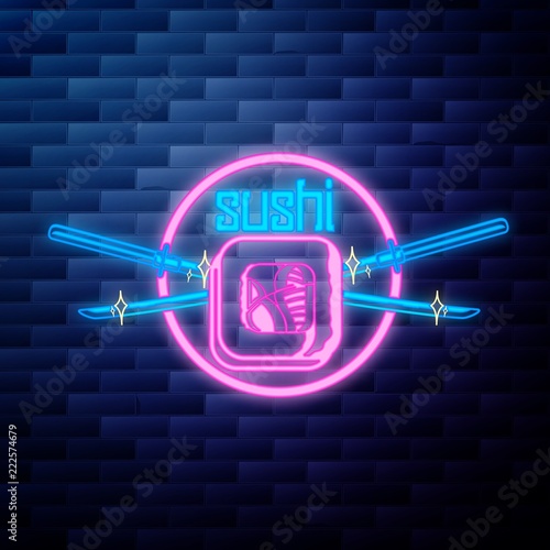 Vintage sushi emblem glowing neon sign