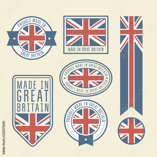 Stickers, tags and labels with Great Britain flag - badges