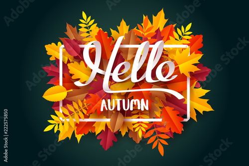 Paper art of Hello Autumn calligraphy lettering on fallen leaves