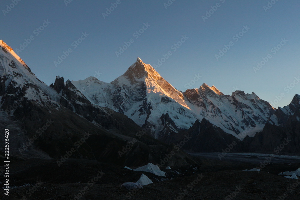 Obraz premium Gasherbrum 4 mountain peak at K2 trekking route along the way to Concordia camp, K2 Base Camp trek, Pakistan