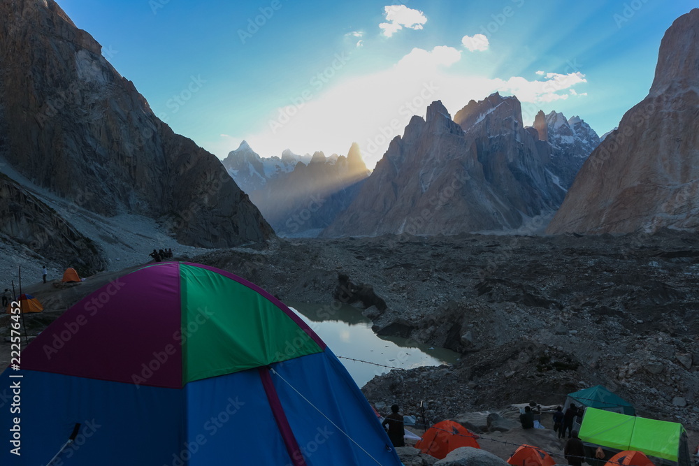 Naklejka premium Gasherbrum 4 mountain peak at K2 trekking route along the way to Concordia camp, K2 Base Camp trek, Pakistan