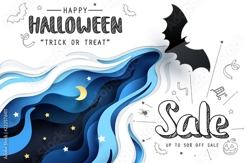 Paper art of happy Halloween, Bat fly through the sky