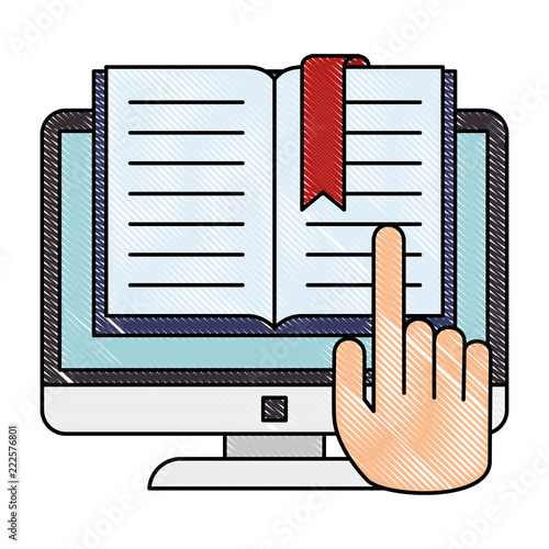 text book with computer and hand