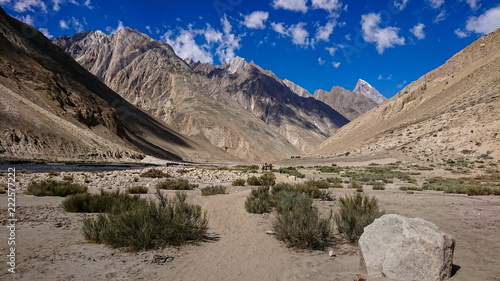 Trekking along the Braldu River in the Karakorum Mountains in Northern Pakistan, Landscape of K2 trekking trail in Karakoram range, Pakistan