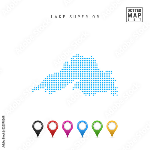 Dots Pattern Vector Map of Lake Superior. Stylized Simple Silhouette of Lake Superior. Set of Multicolored Map Markers. Illustration Isolated on White Background.