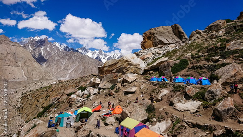 Pakistan, Urdukas Camp, Baltoro Glacier, camp above the Baltoro Glacier. Cathedral Peak in the background