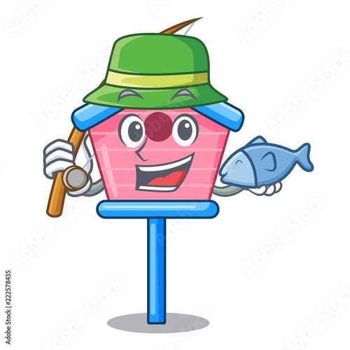 Fishing wooden bird house on a pole cartoon