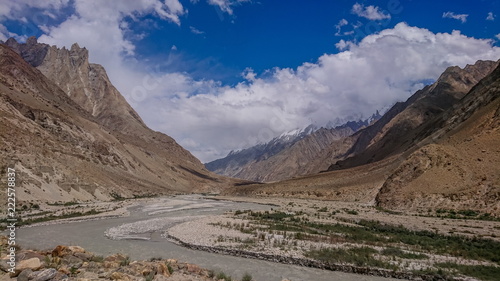 Landscape of K2 trekking trail in Karakoram range, Trekking along the Braldu River in the Karakorum Mountains in Northern Pakistan