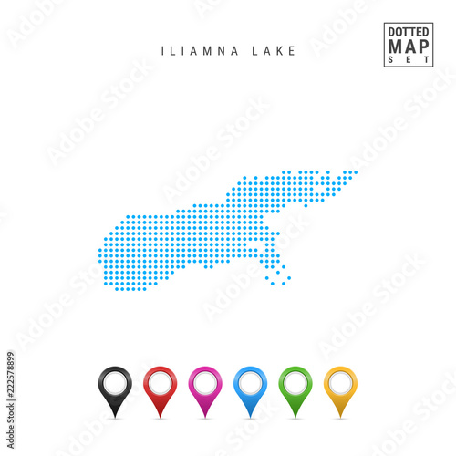 Dots Pattern Vector Map of Iliamna Lake, Alaska. Stylized Simple Silhouette of Iliamna Lake. Set of Multicolored Map Markers. Illustration Isolated on White Background. photo