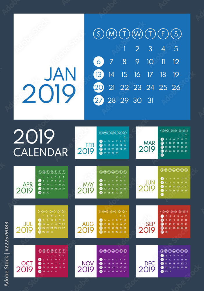 colored calendar 2019, starts sunday colored calendar 2019, starts sunday