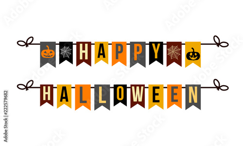 happy halloween, garland with letters pumpkins and spider web