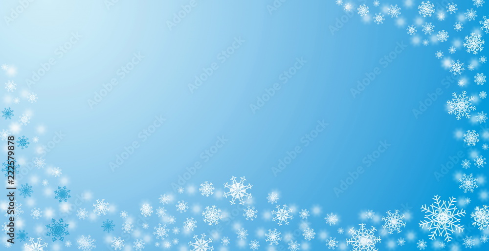 White snowflakes winter ornament on blue background with empty space for your text. Christmas card blank design template. White snowflakes winter ornament on blue background with empty space for your text. Christmas card blank design template.