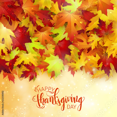 Happy Thanksgiving holiday poster, autumn red leaves background, brush pen calligraphy, vector illustration