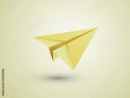A golden simple folded paper plane flying icon on yellow background vector illustration
