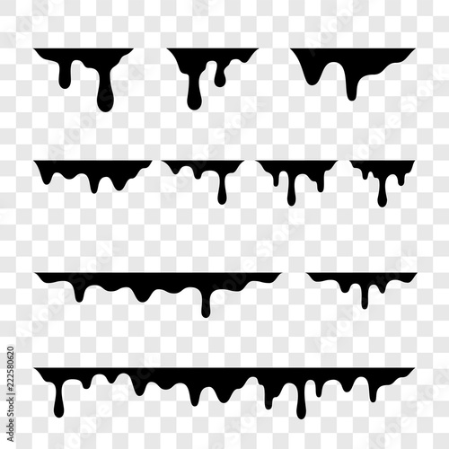 Black melt drips or liquid paint drops vector icons