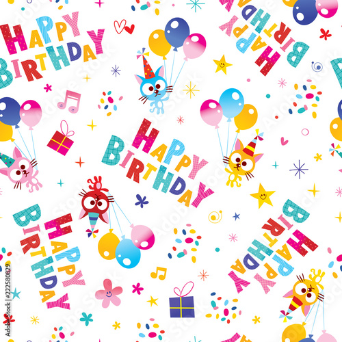 Happy Birthday seamless pattern with cute kittens